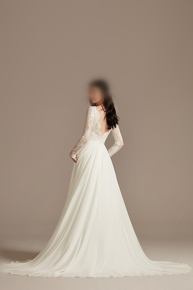 Long Sleeve Plunge Lace Chiffon Wedding Dress