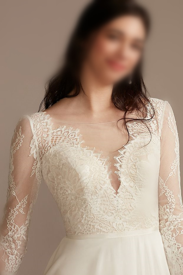 Long Sleeve Plunge Lace Chiffon Wedding Dress