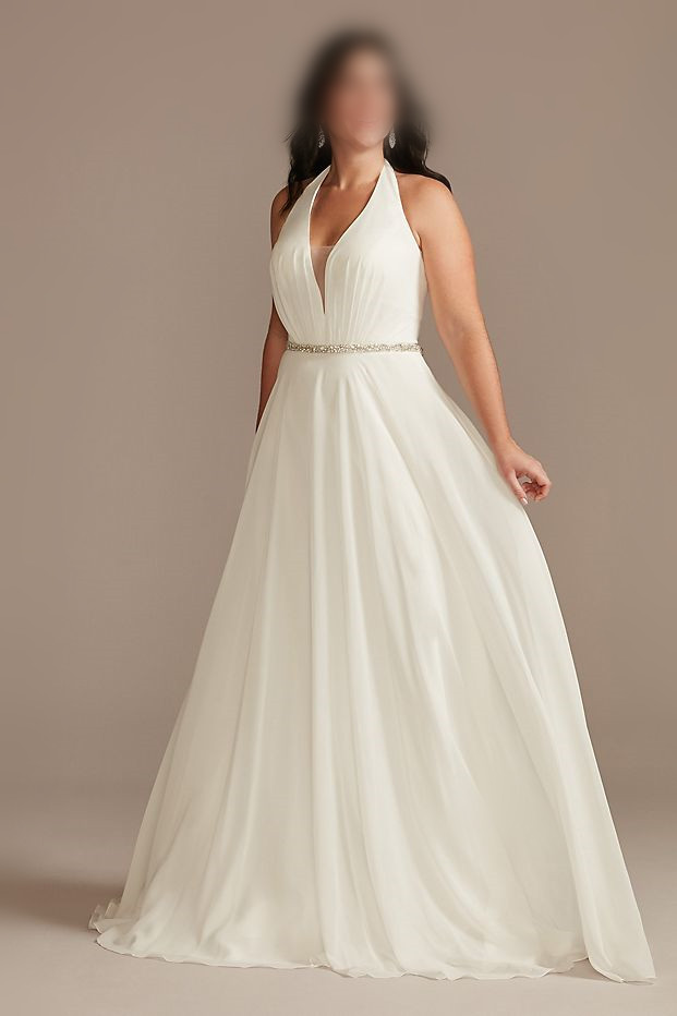 Chiffon Halter Plunge Beaded Waist Wedding Dress