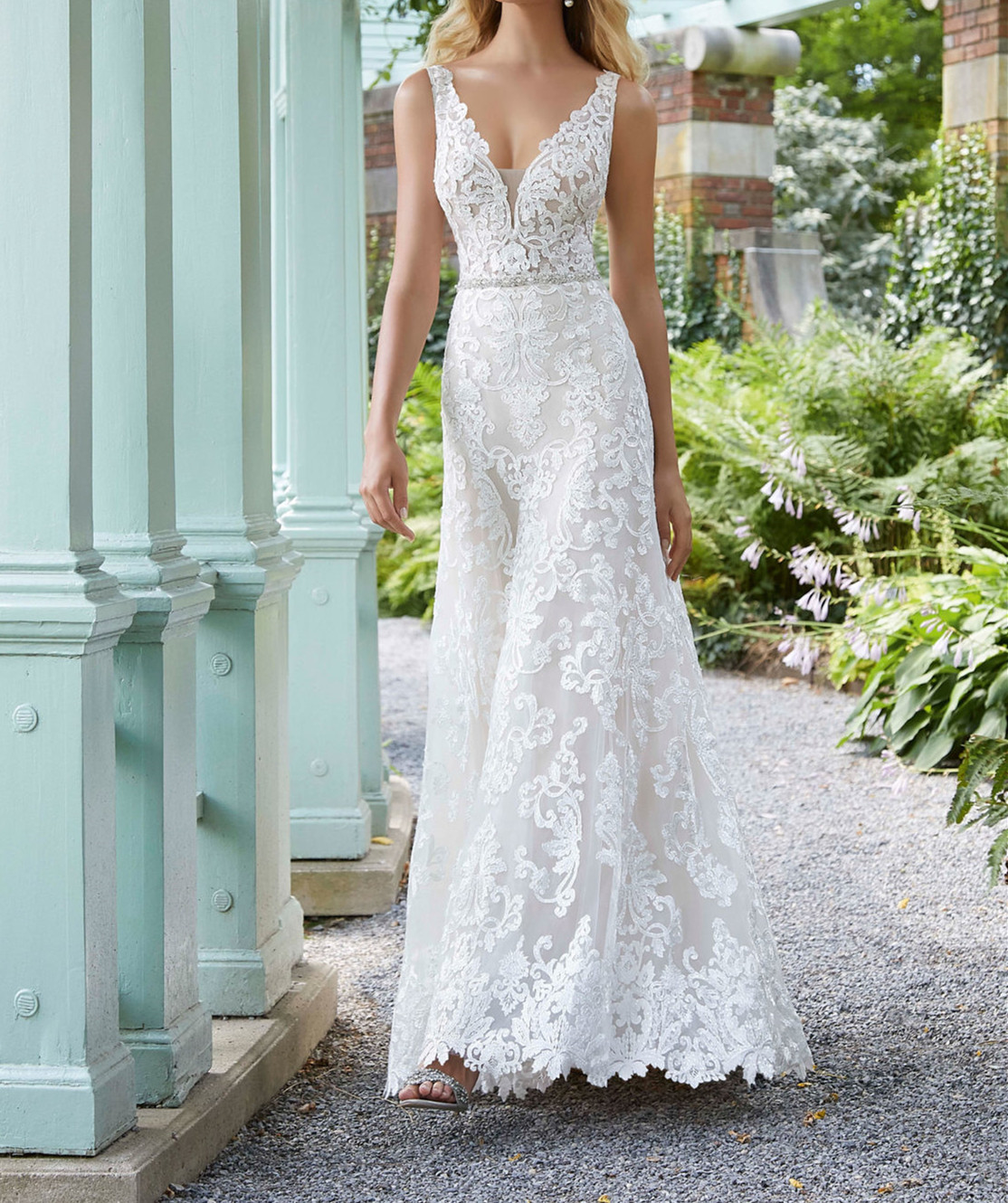 Frosted, Embroidered Appliqués on a Tulle, A-Line Gown with Scalloped Hemline