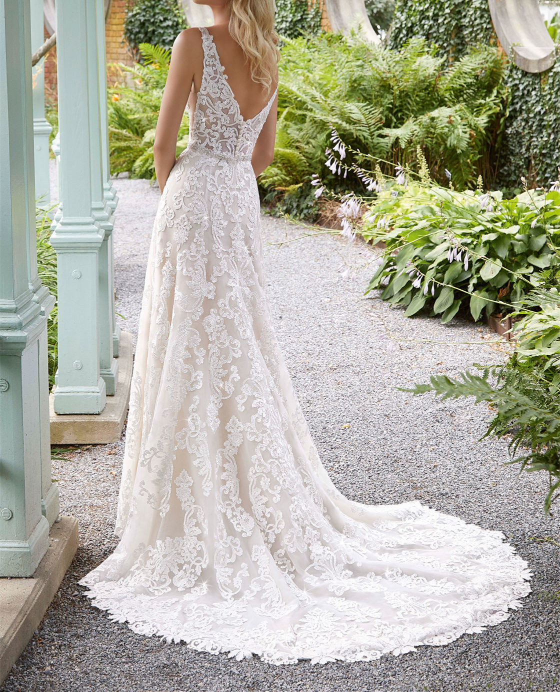 Frosted, Embroidered Appliqués on a Tulle, A-Line Gown with Scalloped Hemline