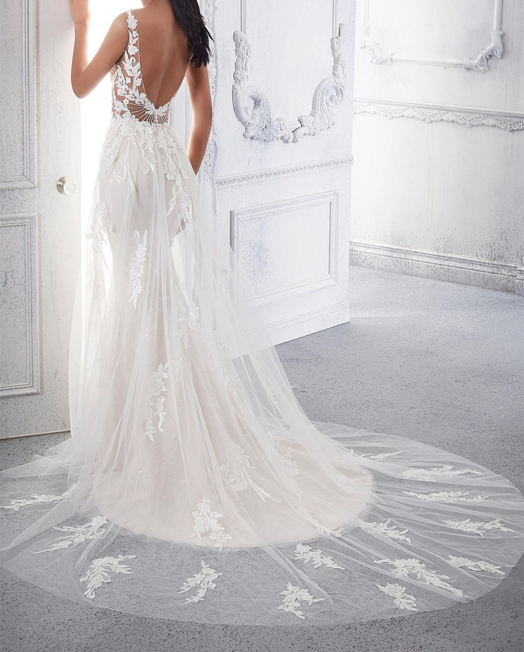 Net wedding gown  a soft net overskirt featuring a plunging v-neckline and scoop back