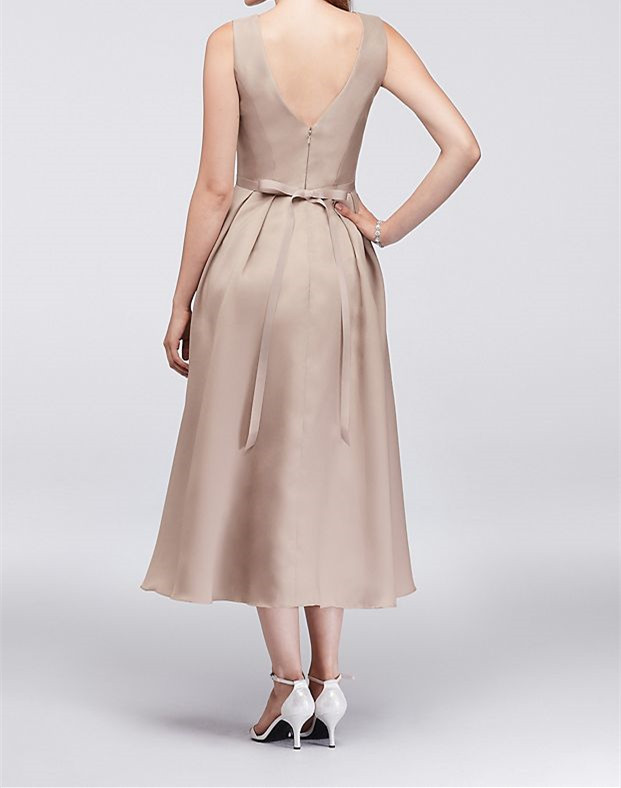 V-Neck Mikado Tea-Length Bridesmaid Dress