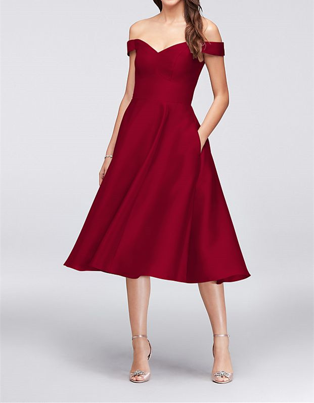 Off-the-Shoulder Tea-Length Bridesmaid Dress