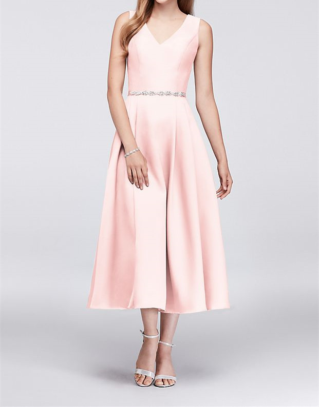 V-Neck Mikado Tea-Length Bridesmaid Dress