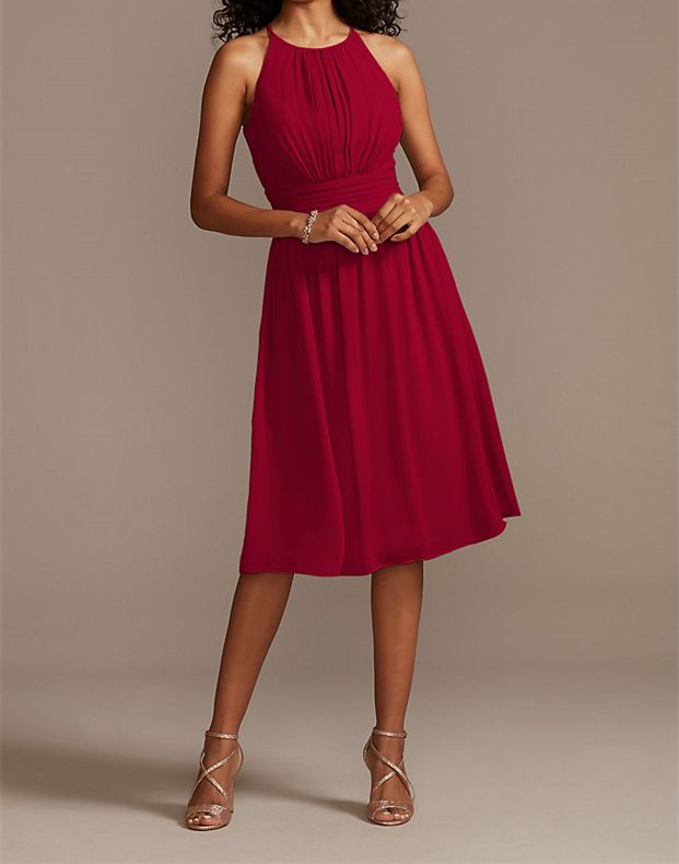 High Neck Pleated Short Length Bridesmaid Dress