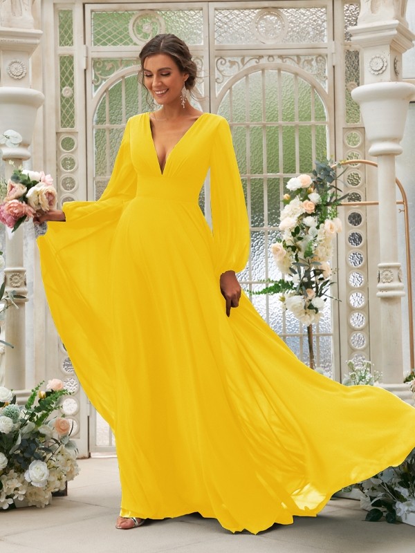 A-Line/Princess Chiffon Ruffles V-neck Long Sleeves Sweep/Brush Train Bridesmaid Dresses 2219