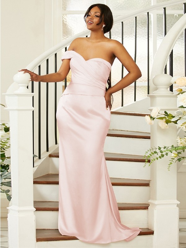 Sheath/Column Ruched One-Shoulder Sleeveless Sweep/Brush Train Bridesmaid Dresses 2924