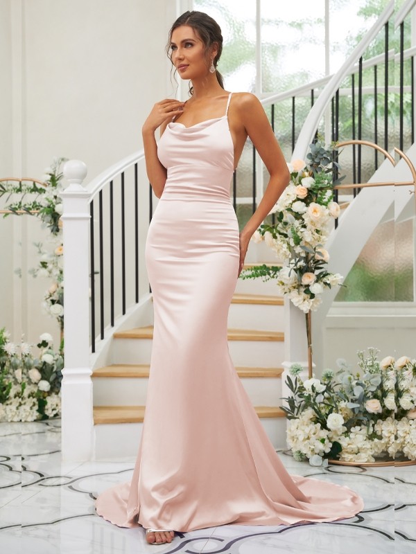 Sheath/Column Ruched Square Sleeveless Sweep/Brush Train Bridesmaid Dresses 2890