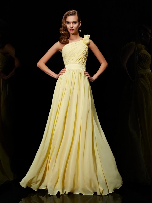 A-Line/Princess One-Shoulder Sleeveless Hand-Made Flower Long Chiffon Bridesmaid Dresses 2403