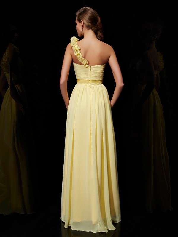 A-Line/Princess One-Shoulder Sleeveless Hand-Made Flower Long Chiffon Bridesmaid Dresses 2403