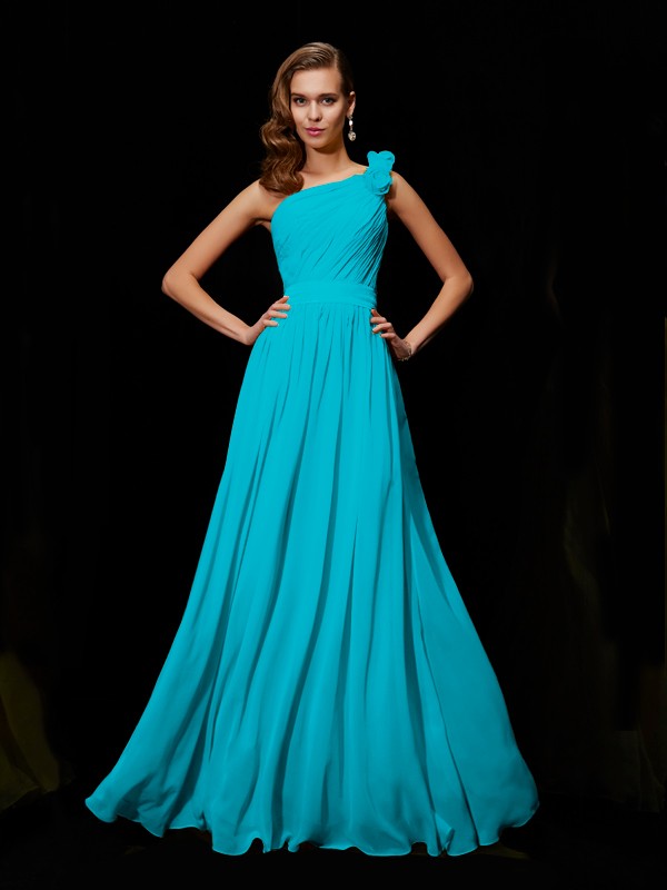 A-Line/Princess One-Shoulder Sleeveless Hand-Made Flower Long Chiffon Bridesmaid Dresses 2403