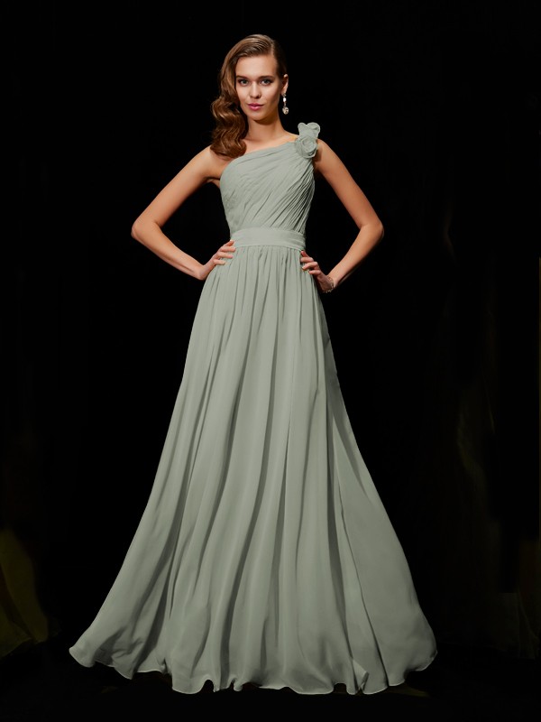 A-Line/Princess One-Shoulder Sleeveless Hand-Made Flower Long Chiffon Bridesmaid Dresses 2403