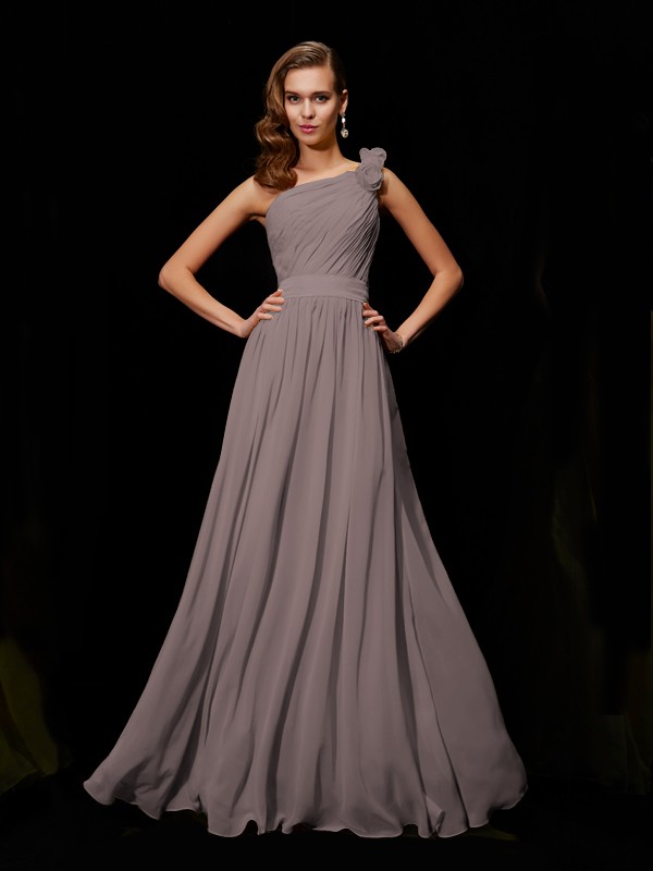 A-Line/Princess One-Shoulder Sleeveless Hand-Made Flower Long Chiffon Bridesmaid Dresses 2403