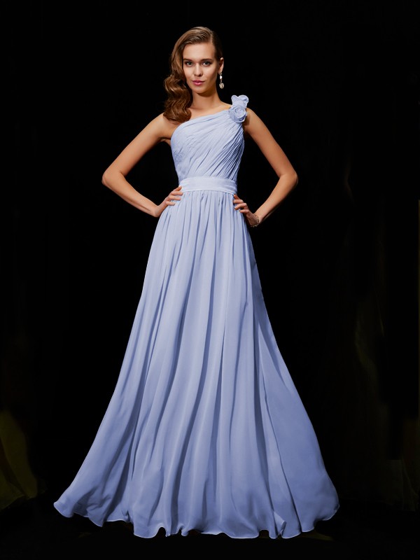 A-Line/Princess One-Shoulder Sleeveless Hand-Made Flower Long Chiffon Bridesmaid Dresses 2403