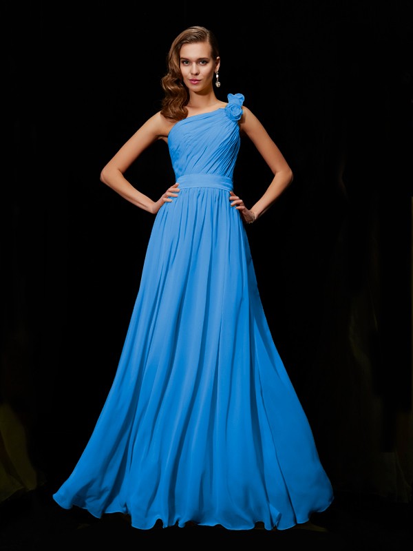 A-Line/Princess One-Shoulder Sleeveless Hand-Made Flower Long Chiffon Bridesmaid Dresses 2403