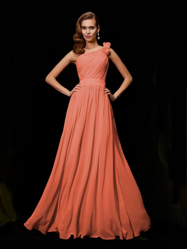 A-Line/Princess One-Shoulder Sleeveless Hand-Made Flower Long Chiffon Bridesmaid Dresses 2403