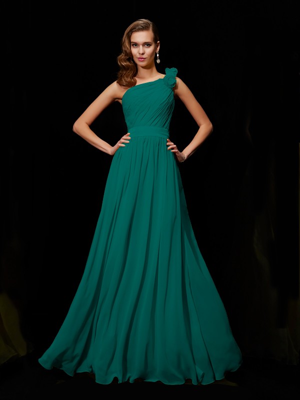 A-Line/Princess One-Shoulder Sleeveless Hand-Made Flower Long Chiffon Bridesmaid Dresses 2403