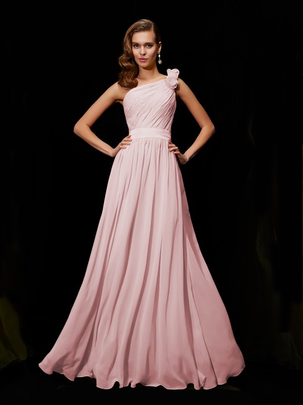 A-Line/Princess One-Shoulder Sleeveless Hand-Made Flower Long Chiffon Bridesmaid Dresses 2403