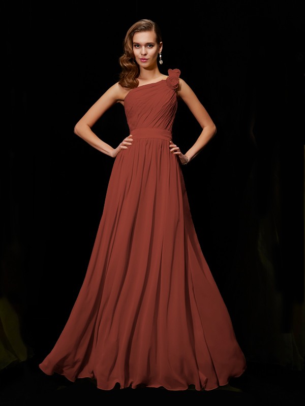 A-Line/Princess One-Shoulder Sleeveless Hand-Made Flower Long Chiffon Bridesmaid Dresses 2403