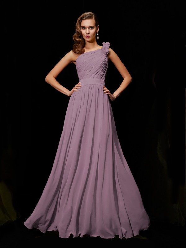 A-Line/Princess One-Shoulder Sleeveless Hand-Made Flower Long Chiffon Bridesmaid Dresses 2403