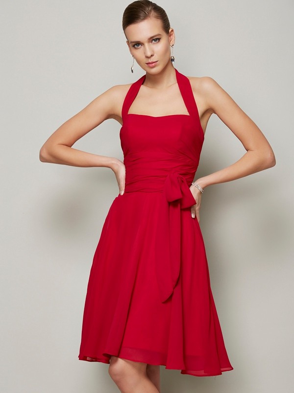 A-Line/Princess Halter Sleeveless Pleats Bowknot Short Chiffon Bridesmaid Dresses 2296