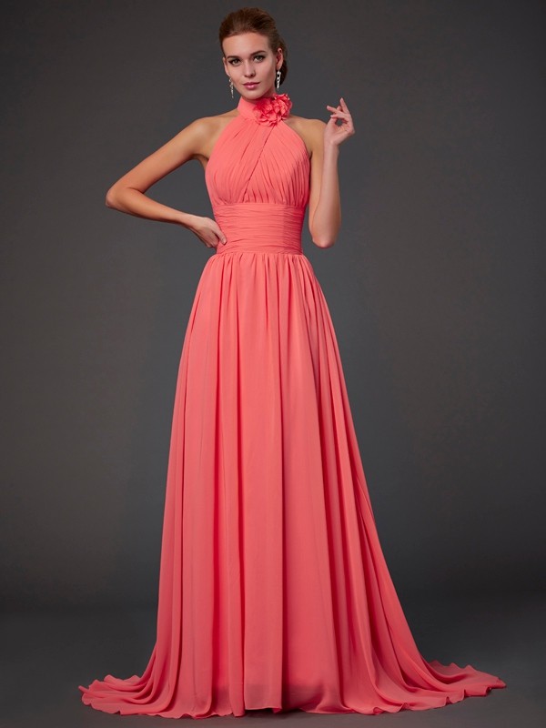 A-Line/Princess Halter Sleeveless Hand-Made Flower Long Chiffon Bridesmaid Dresses 2290