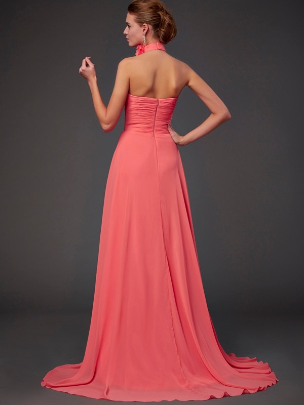 A-Line/Princess Halter Sleeveless Hand-Made Flower Long Chiffon Bridesmaid Dresses 2290