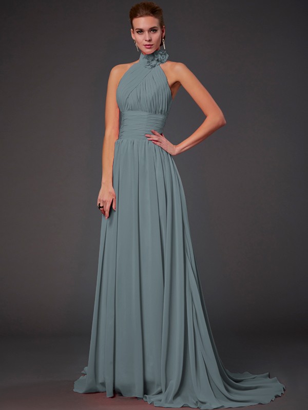 A-Line/Princess Halter Sleeveless Hand-Made Flower Long Chiffon Bridesmaid Dresses 2290