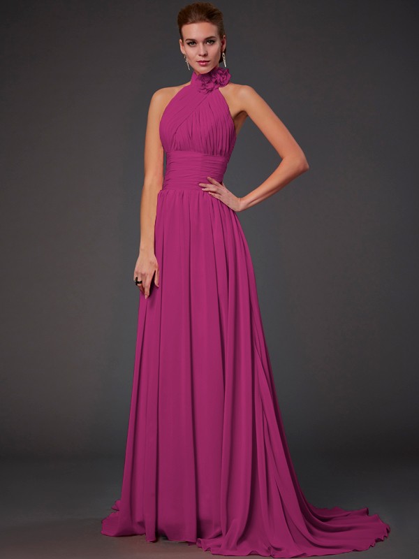 A-Line/Princess Halter Sleeveless Hand-Made Flower Long Chiffon Bridesmaid Dresses 2290