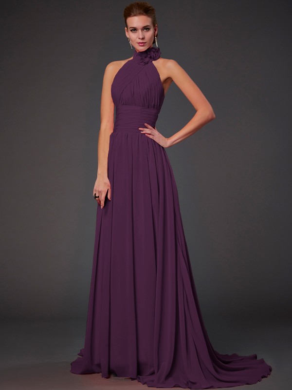 A-Line/Princess Halter Sleeveless Hand-Made Flower Long Chiffon Bridesmaid Dresses 2290