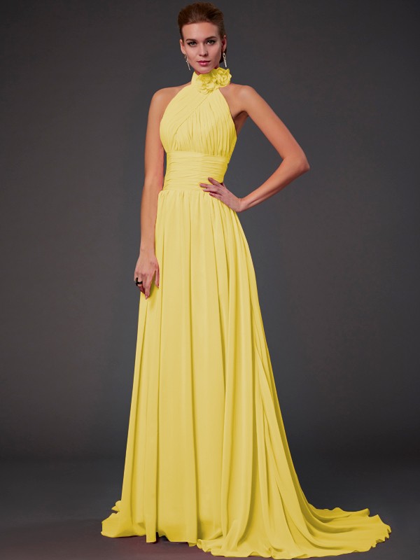 A-Line/Princess Halter Sleeveless Hand-Made Flower Long Chiffon Bridesmaid Dresses 2290