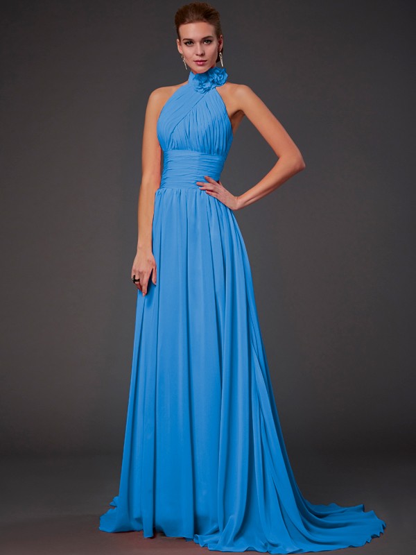 A-Line/Princess Halter Sleeveless Hand-Made Flower Long Chiffon Bridesmaid Dresses 2290