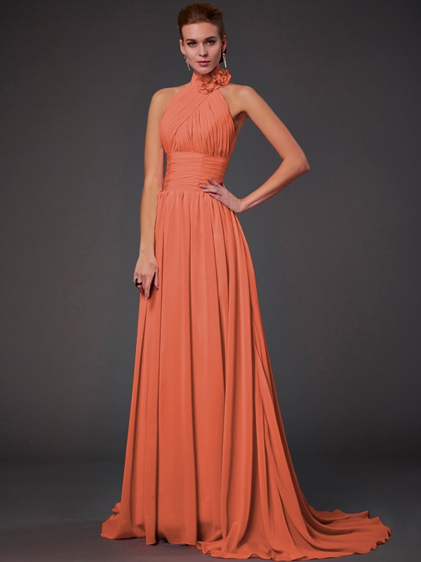 A-Line/Princess Halter Sleeveless Hand-Made Flower Long Chiffon Bridesmaid Dresses 2290