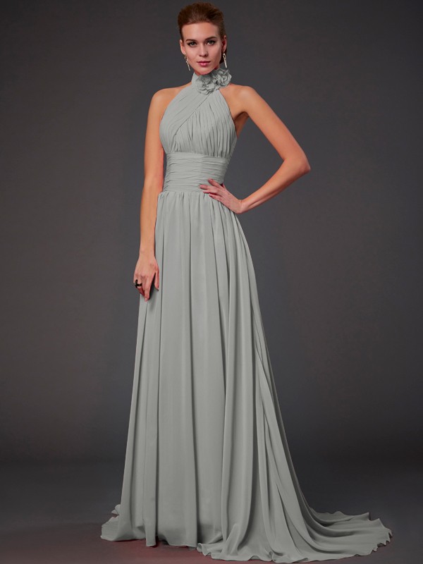 A-Line/Princess Halter Sleeveless Hand-Made Flower Long Chiffon Bridesmaid Dresses 2290