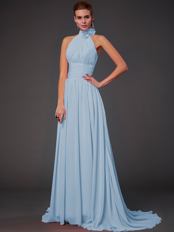 A-Line/Princess Halter Sleeveless Hand-Made Flower Long Chiffon Bridesmaid Dresses 2290