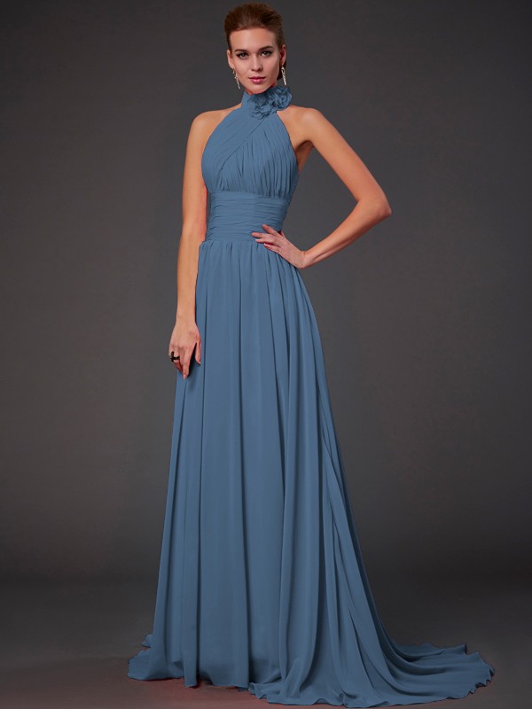 A-Line/Princess Halter Sleeveless Hand-Made Flower Long Chiffon Bridesmaid Dresses 2290