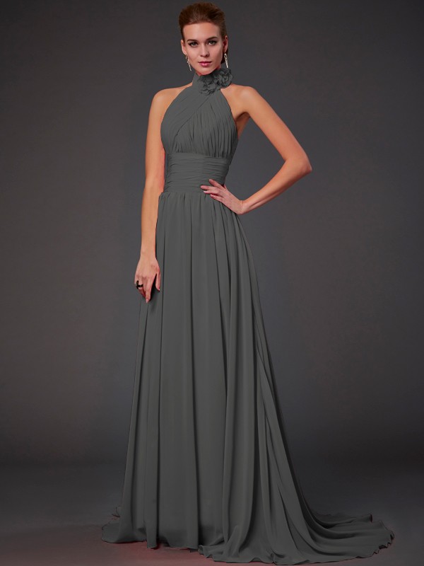 A-Line/Princess Halter Sleeveless Hand-Made Flower Long Chiffon Bridesmaid Dresses 2290