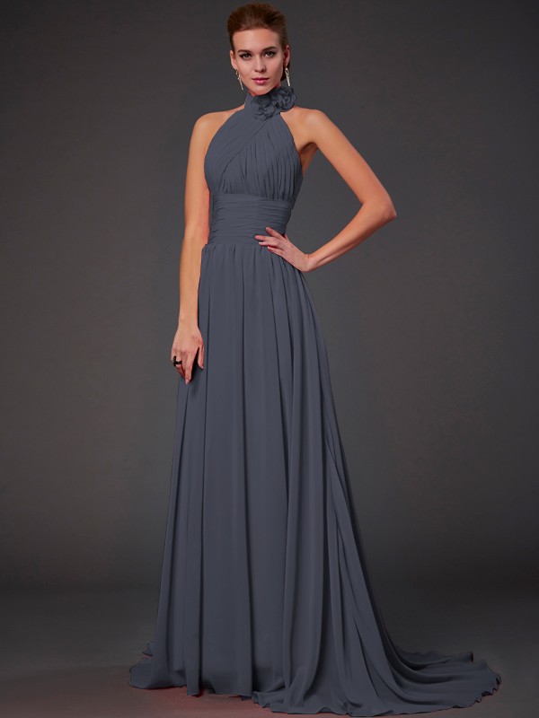 A-Line/Princess Halter Sleeveless Hand-Made Flower Long Chiffon Bridesmaid Dresses 2290