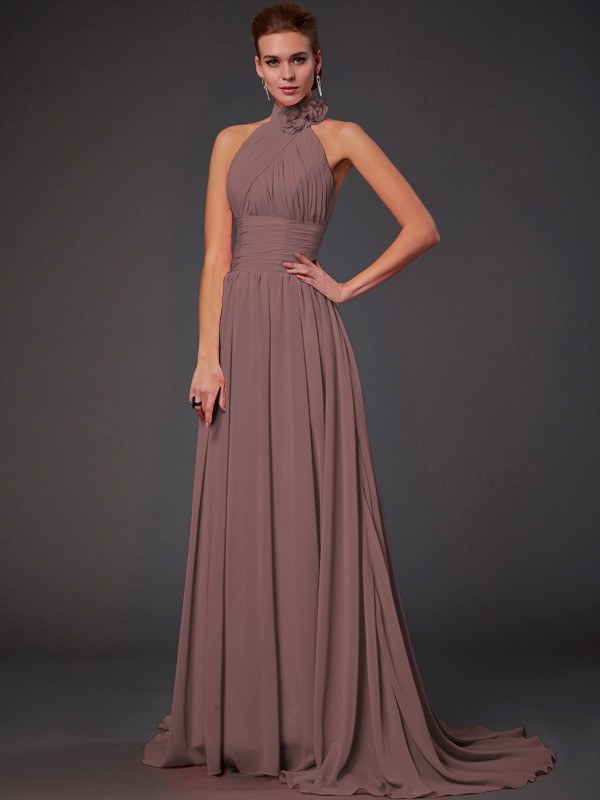 A-Line/Princess Halter Sleeveless Hand-Made Flower Long Chiffon Bridesmaid Dresses 2290