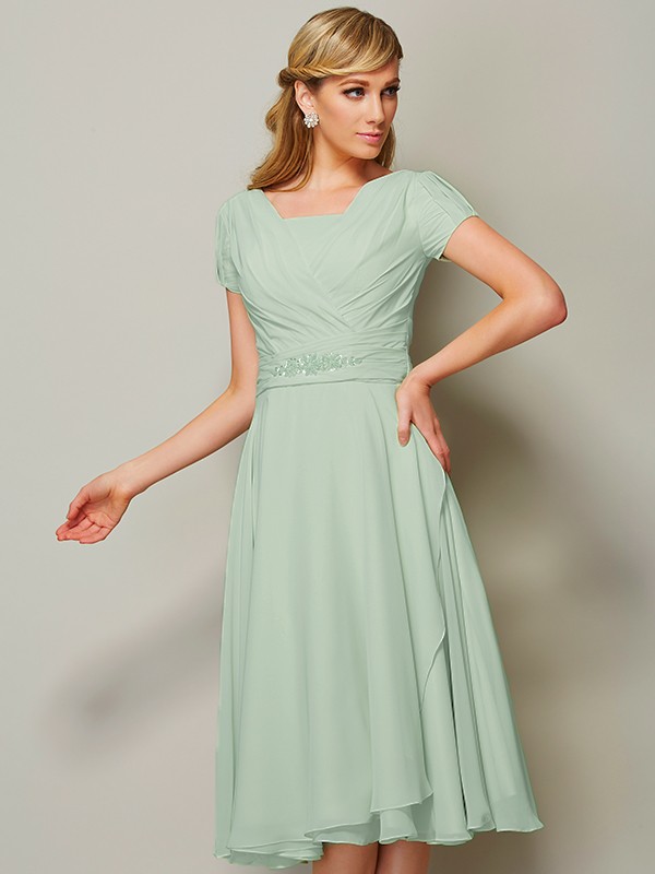 Sheath/Column Bateau Short Sleeves Ruffles Short Chiffon Tea-Length Bridesmaid Dresses 2873