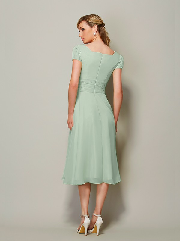 Sheath/Column Bateau Short Sleeves Ruffles Short Chiffon Tea-Length Bridesmaid Dresses 2873