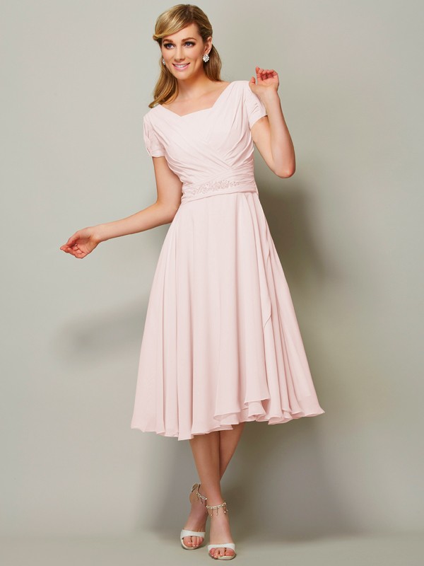 Sheath/Column Bateau Short Sleeves Ruffles Short Chiffon Tea-Length Bridesmaid Dresses 2873