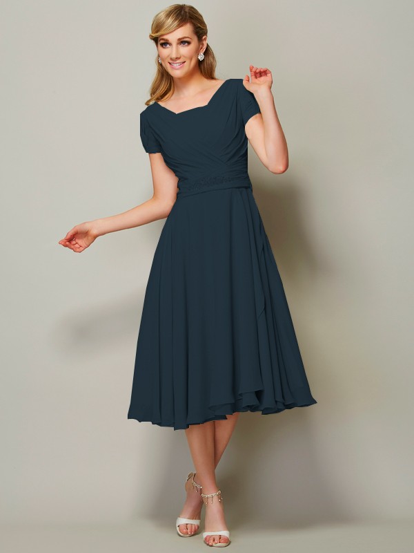 Sheath/Column Bateau Short Sleeves Ruffles Short Chiffon Tea-Length Bridesmaid Dresses 2873