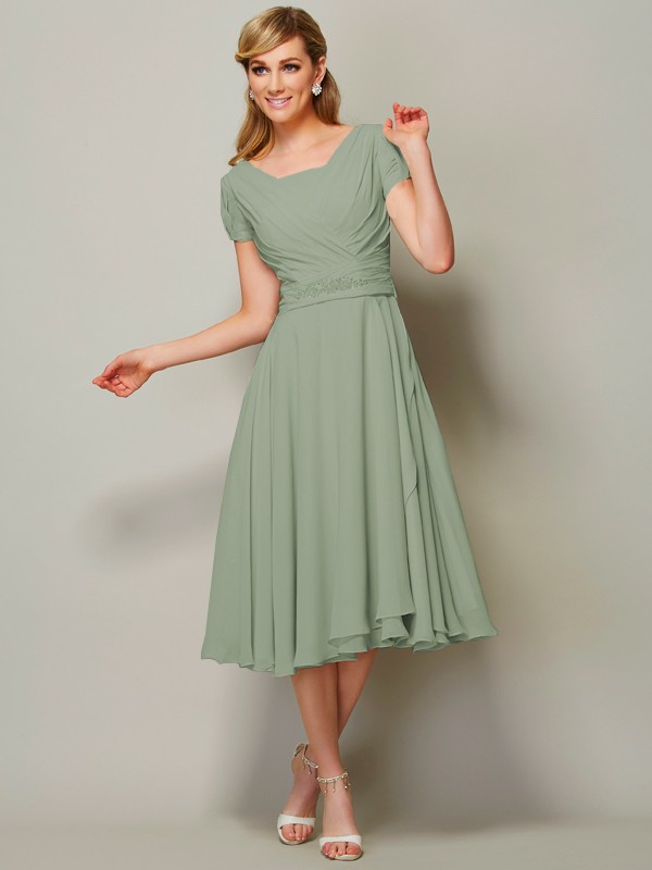 Sheath/Column Bateau Short Sleeves Ruffles Short Chiffon Tea-Length Bridesmaid Dresses 2873