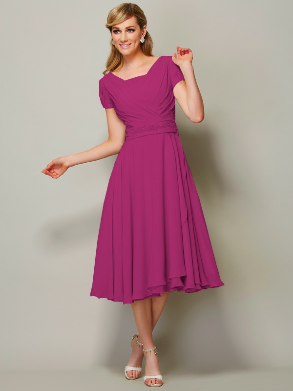 Sheath/Column Bateau Short Sleeves Ruffles Short Chiffon Tea-Length Bridesmaid Dresses 2873