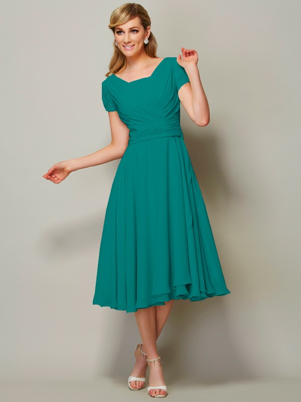 Sheath/Column Bateau Short Sleeves Ruffles Short Chiffon Tea-Length Bridesmaid Dresses 2873