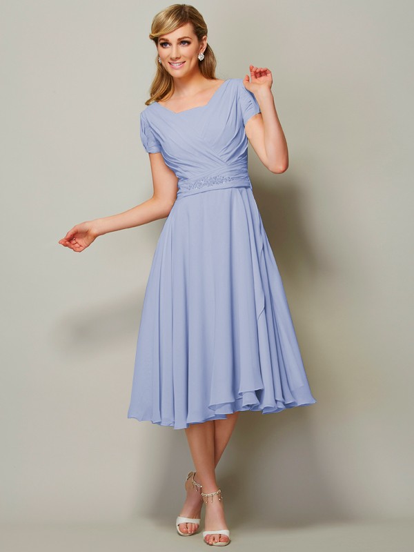 Sheath/Column Bateau Short Sleeves Ruffles Short Chiffon Tea-Length Bridesmaid Dresses 2873