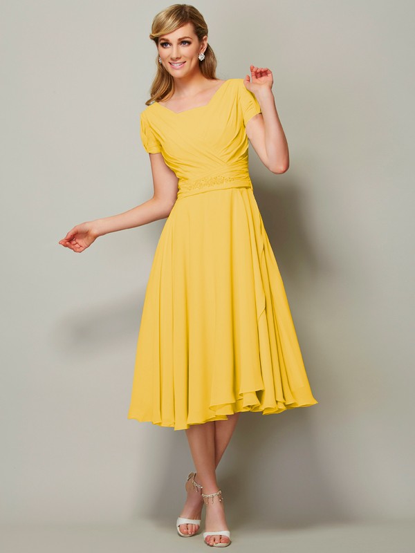 Sheath/Column Bateau Short Sleeves Ruffles Short Chiffon Tea-Length Bridesmaid Dresses 2873