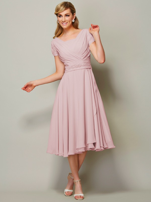 Sheath/Column Bateau Short Sleeves Ruffles Short Chiffon Tea-Length Bridesmaid Dresses 2873